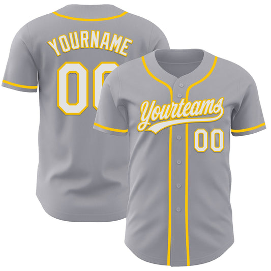 Custom Gray White-Yellow Authentic Baseball Jersey - Main View