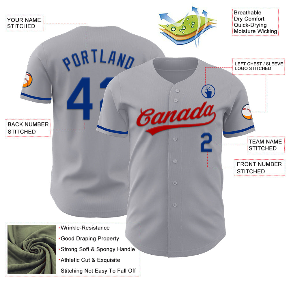 Custom Gray Royal-Red Authentic Baseball Jersey view 3