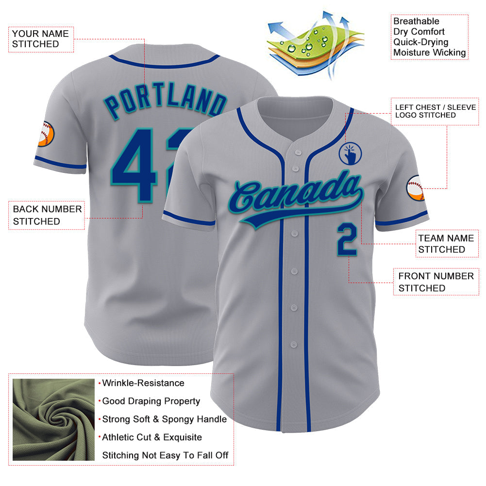 Custom Gray Royal-Teal Authentic Baseball Jersey view 3
