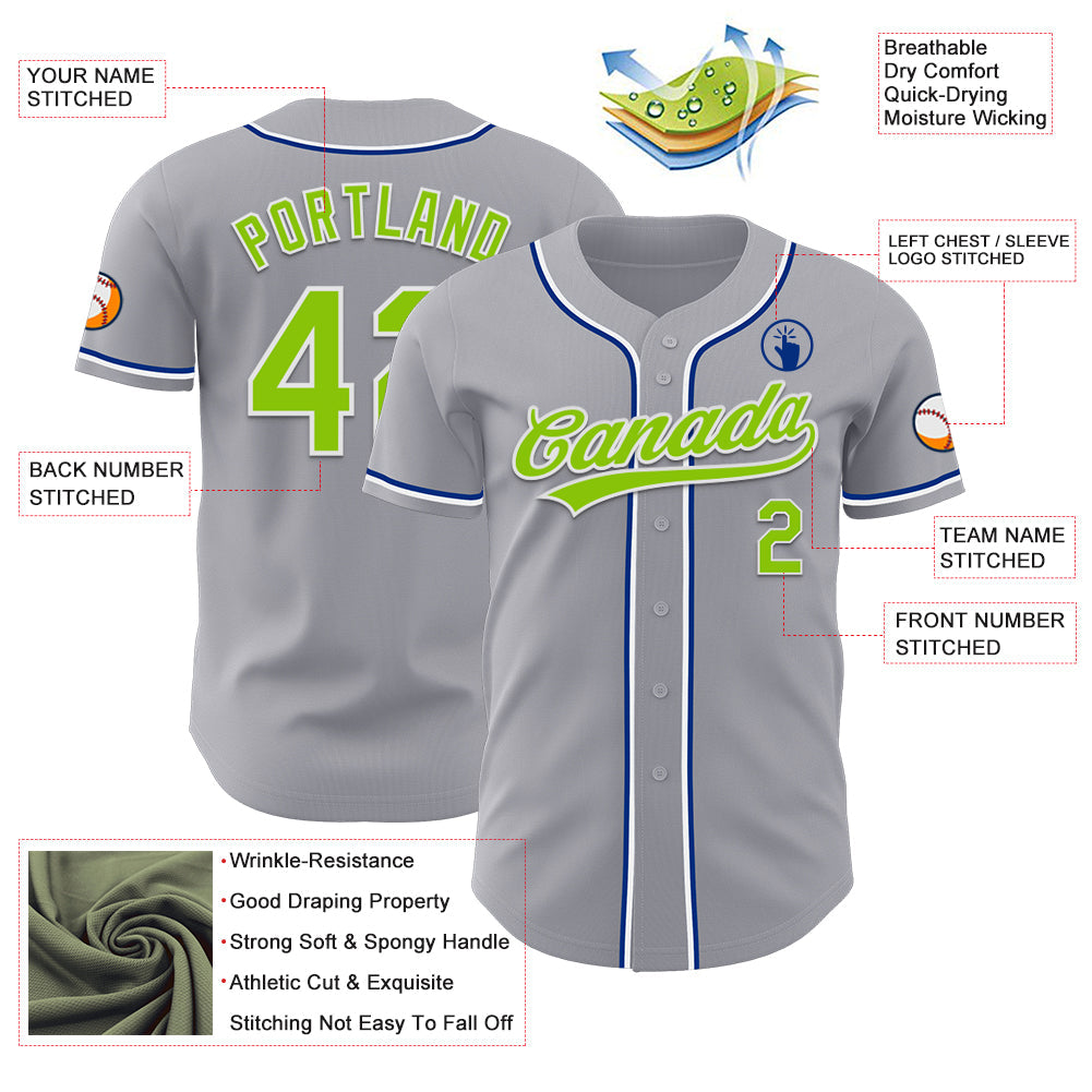Custom Gray Neon Green Royal-White Authentic Baseball Jersey view 3