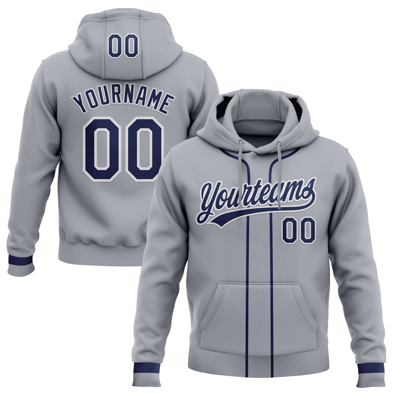 Custom Stitched Gray Navy-White Baseball Pullover Sweatshirt Hoodie - Main View