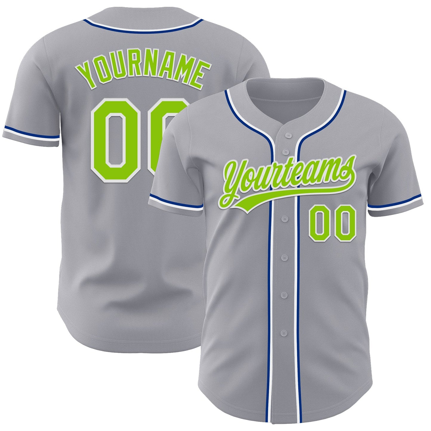 Custom Gray Neon Green Royal-White Authentic Baseball Jersey - Main View