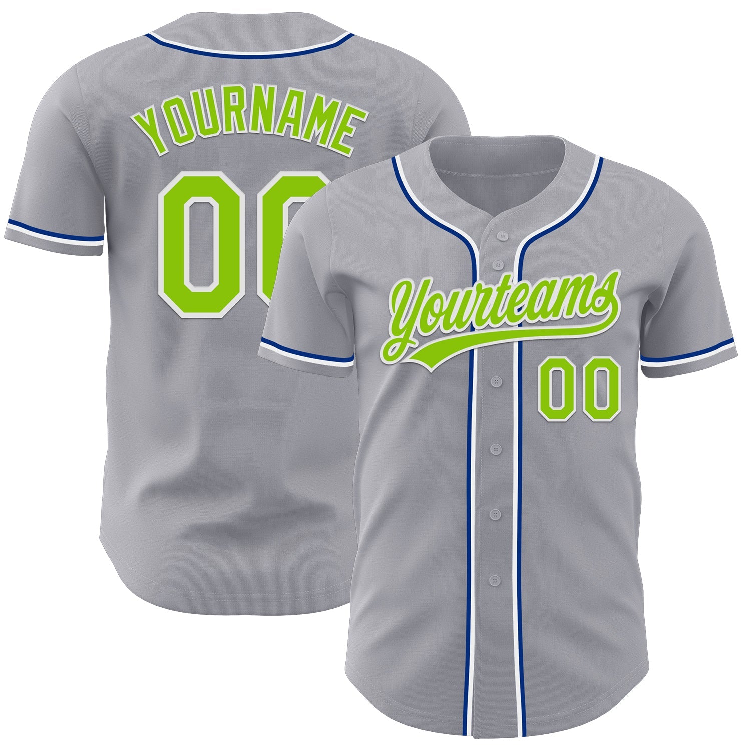 Custom Gray Neon Green Royal-White Authentic Baseball Jersey - Main View