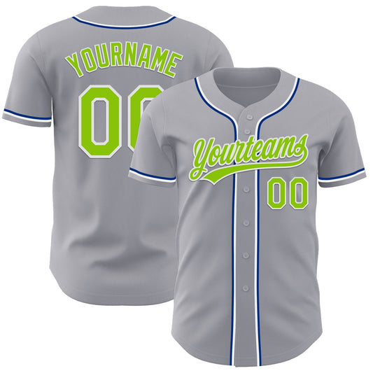 Custom Gray Neon Green Royal-White Authentic Baseball Jersey - Main View