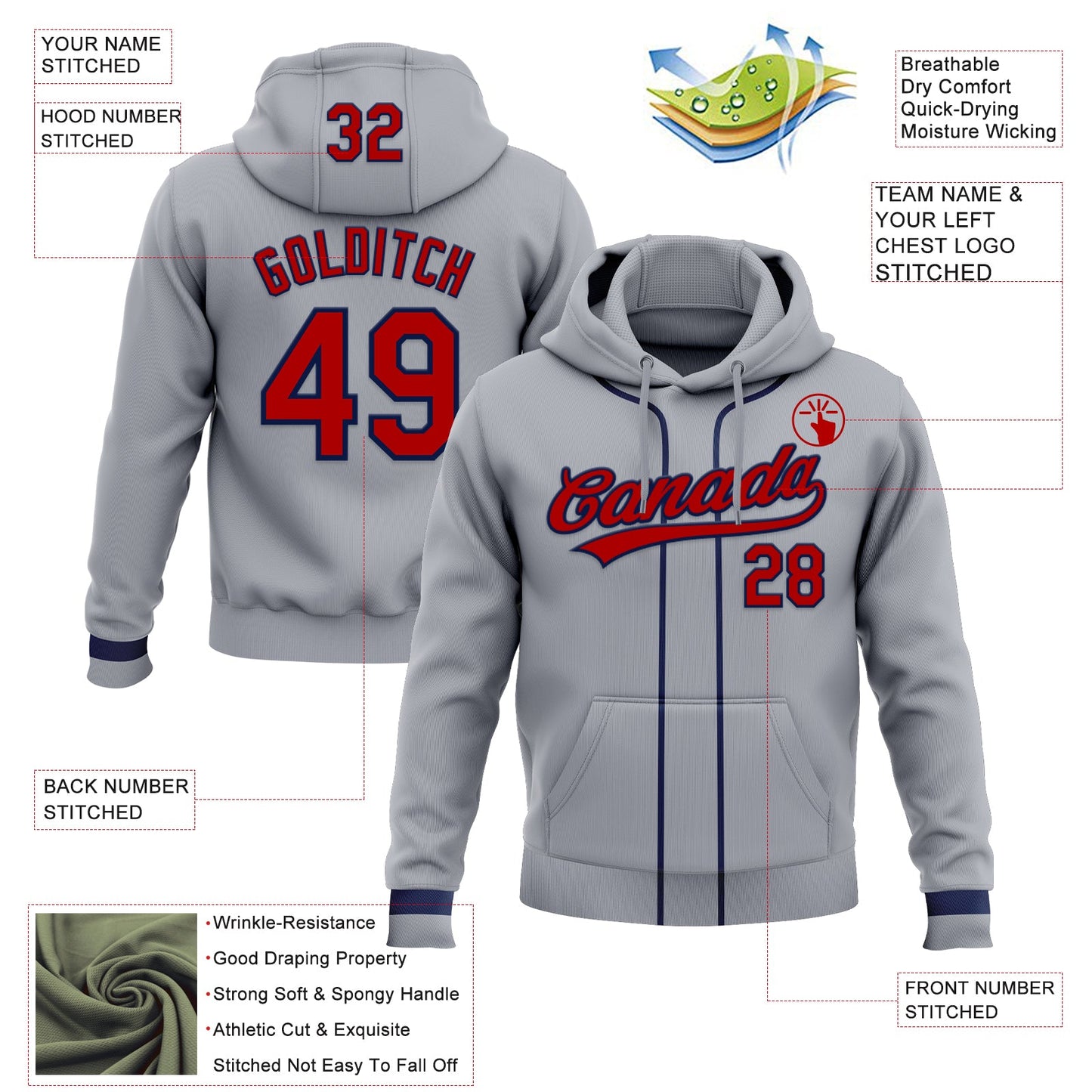 Custom Stitched Gray Red-Navy Baseball Pullover Sweatshirt Hoodie view 2