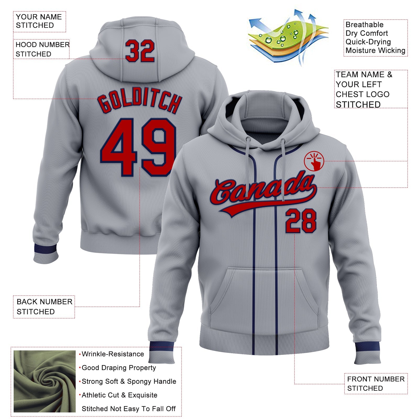 Custom Stitched Gray Red-Navy Baseball Pullover Sweatshirt Hoodie view 2