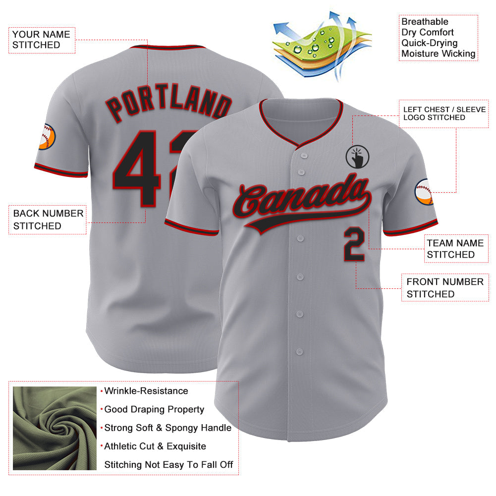Custom Gray Black-Red Authentic Baseball Jersey view 3