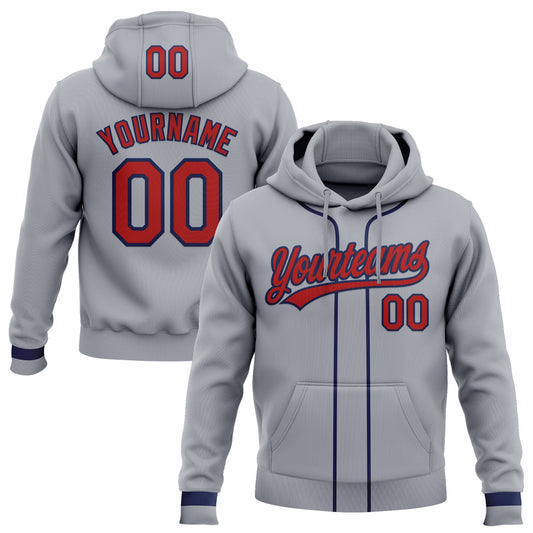 Custom Stitched Gray Red-Navy Baseball Pullover Sweatshirt Hoodie - Main View