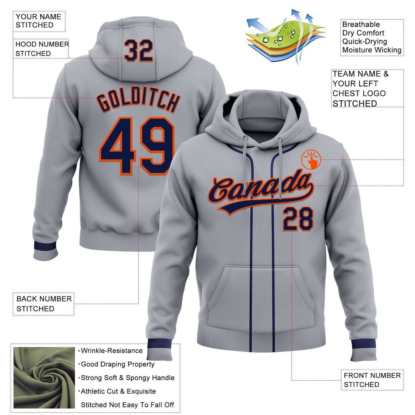 Custom Stitched Gray Navy-Orange Baseball Pullover Sweatshirt Hoodie view 2