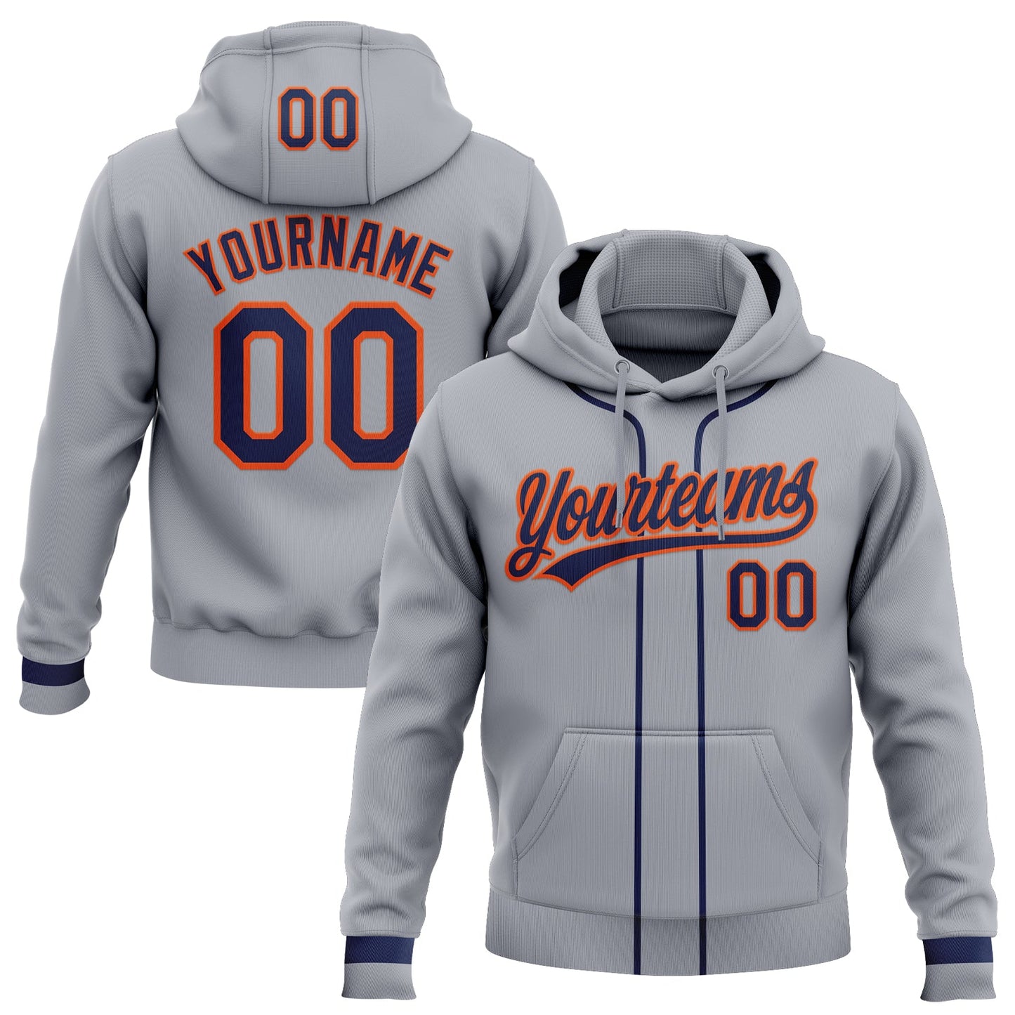Custom Stitched Gray Navy-Orange Baseball Pullover Sweatshirt Hoodie - Main View