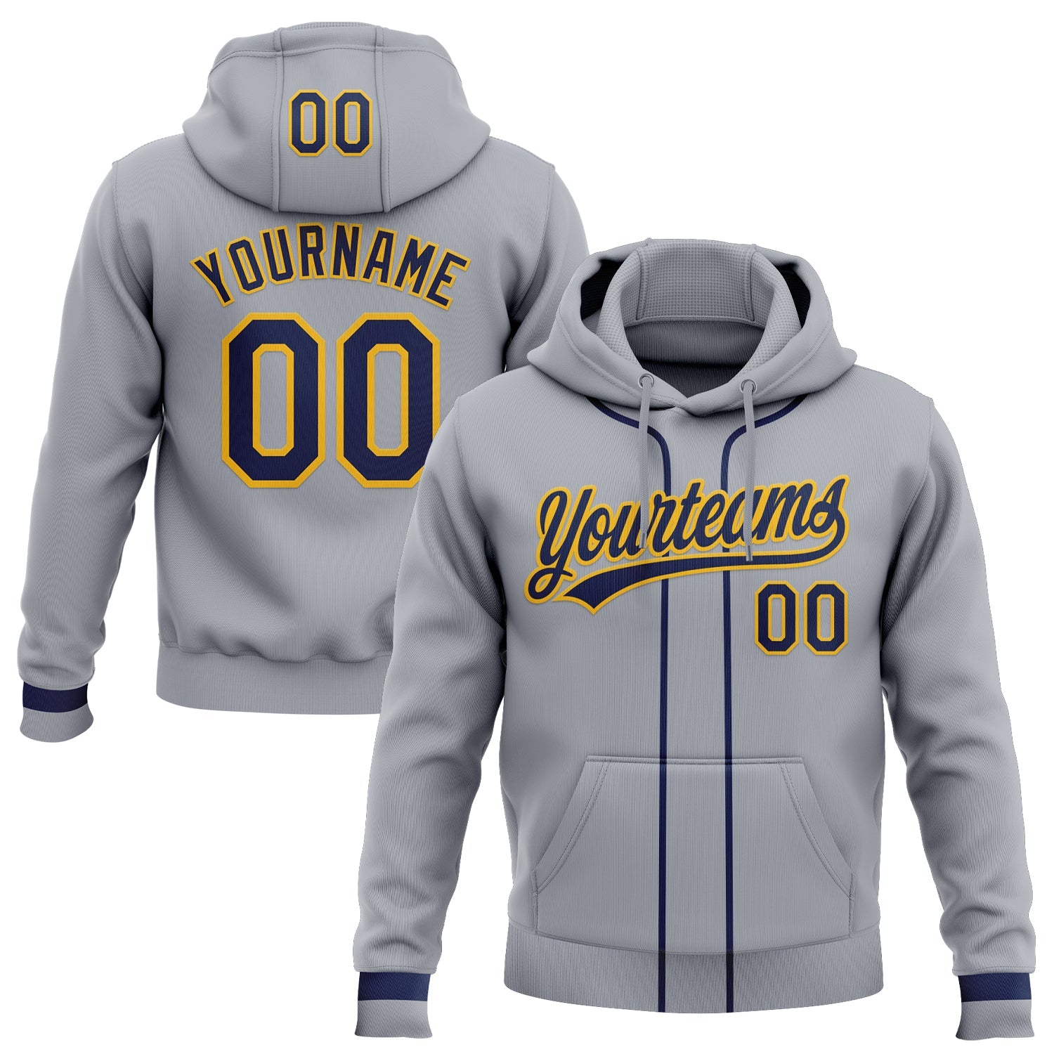 Custom Stitched Gray Navy-Gold Baseball Pullover Sweatshirt Hoodie - Main View