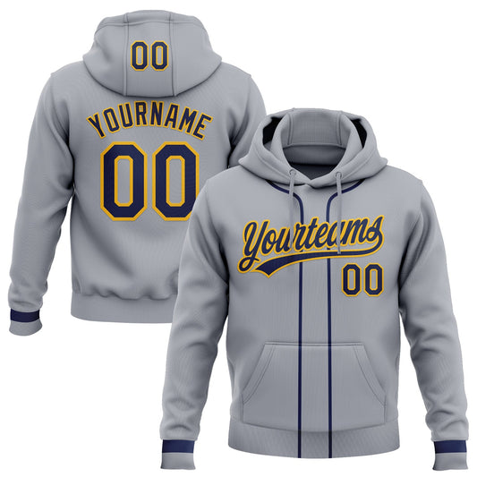 Custom Stitched Gray Navy-Gold Baseball Pullover Sweatshirt Hoodie - Main View