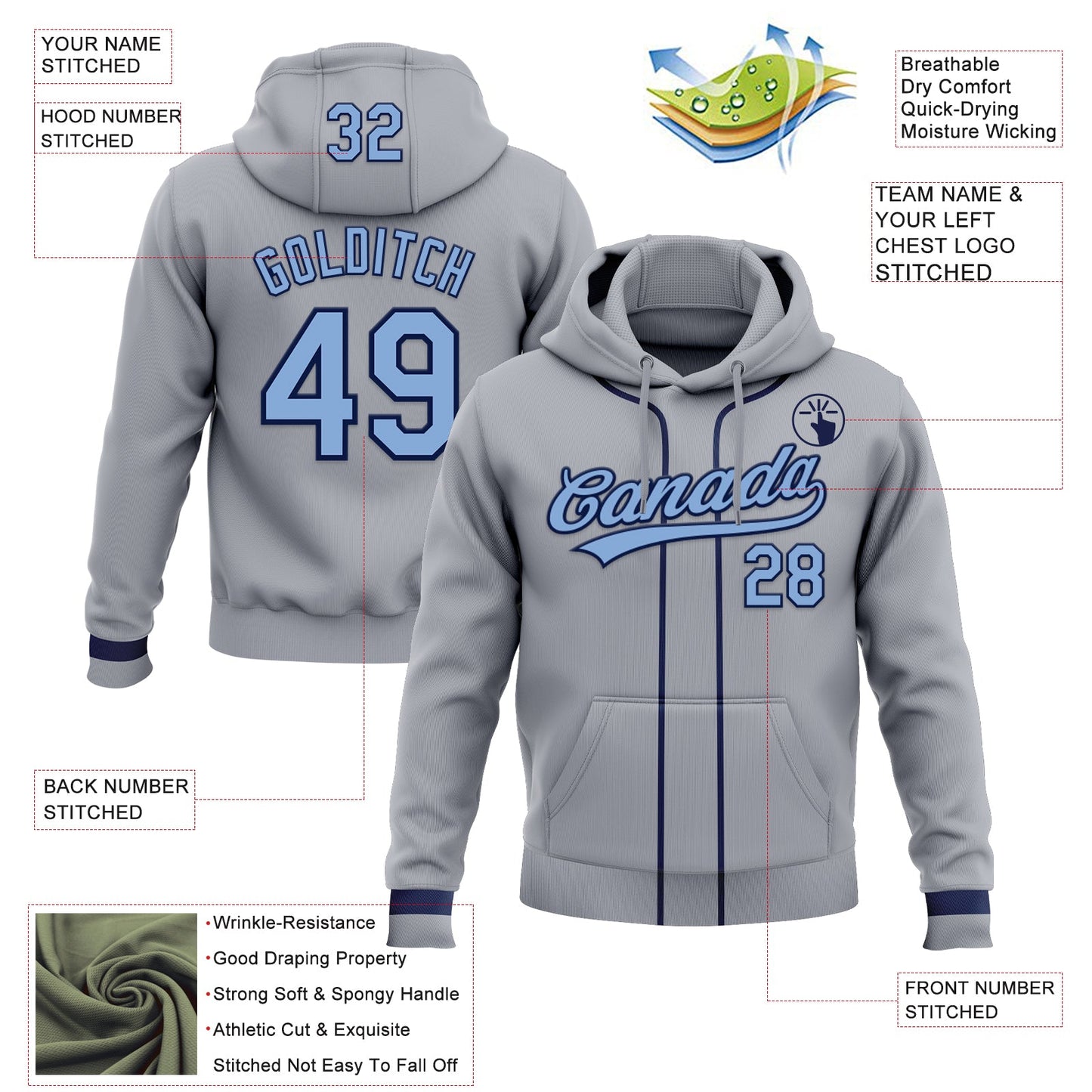 Custom Stitched Gray Light Blue-Navy Baseball Pullover Sweatshirt Hoodie view 2