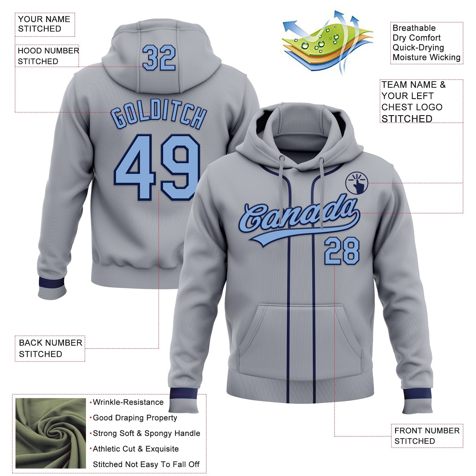 Custom Stitched Gray Light Blue-Navy Baseball Pullover Sweatshirt Hoodie view 2