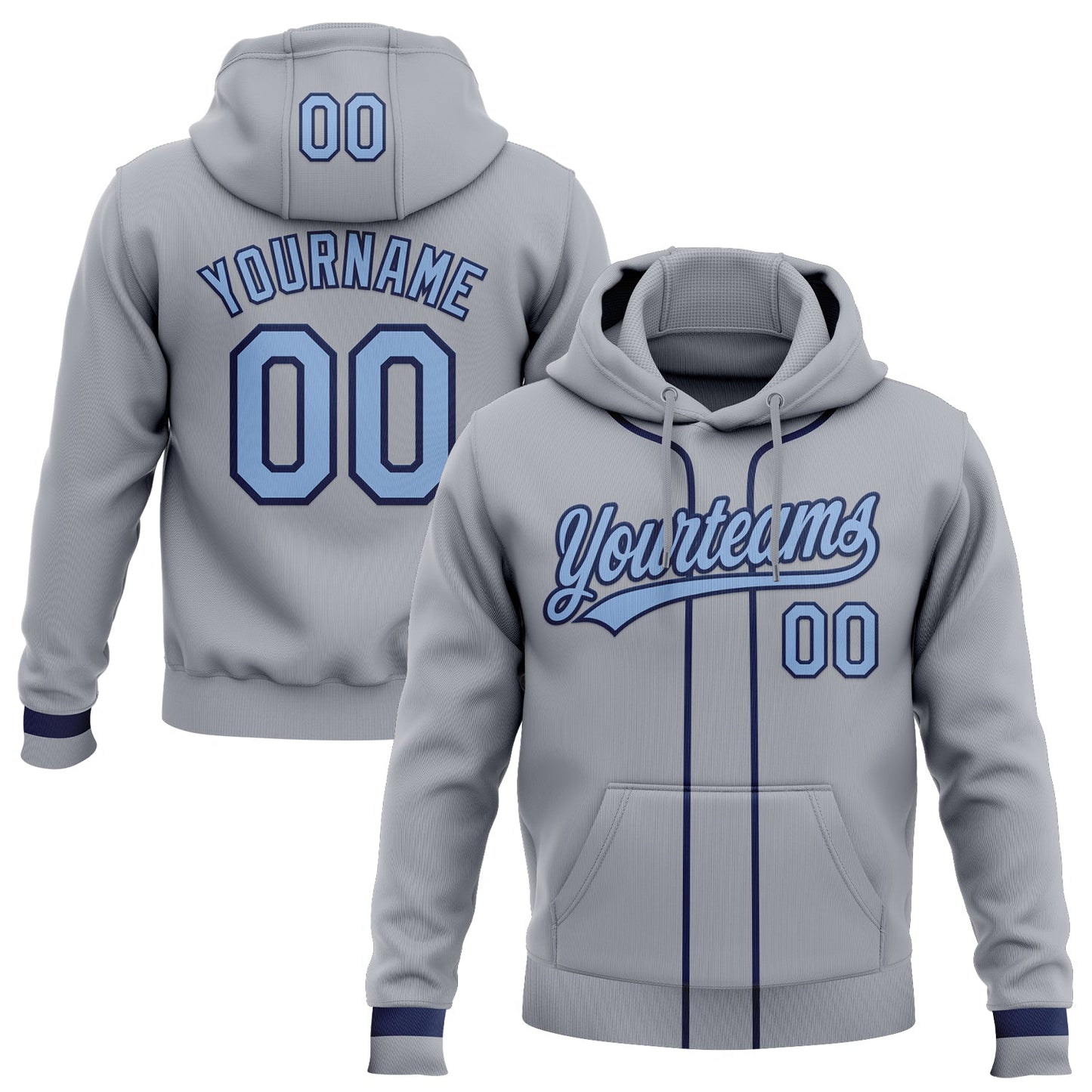 Custom Stitched Gray Light Blue-Navy Baseball Pullover Sweatshirt Hoodie - Main View
