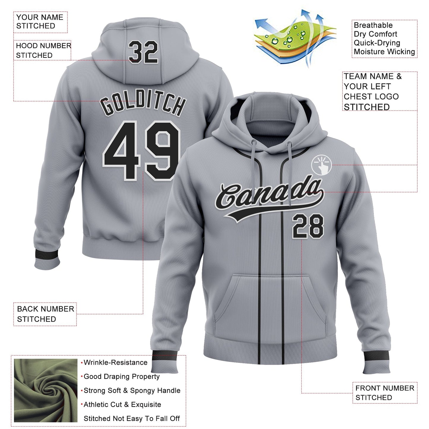 Custom Stitched Gray Black-White Baseball Pullover Sweatshirt Hoodie view 2