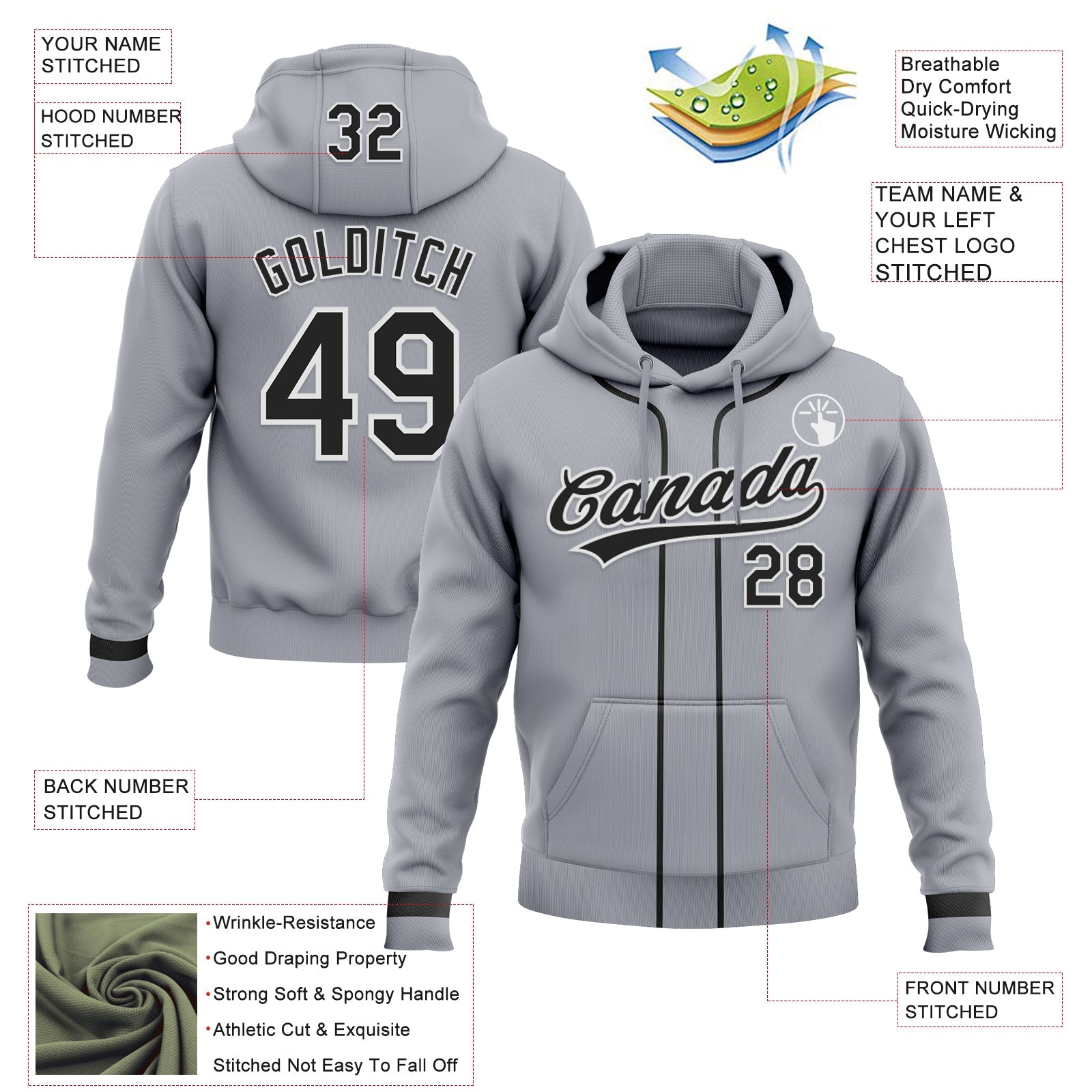 Custom Stitched Gray Black-White Baseball Pullover Sweatshirt Hoodie view 2