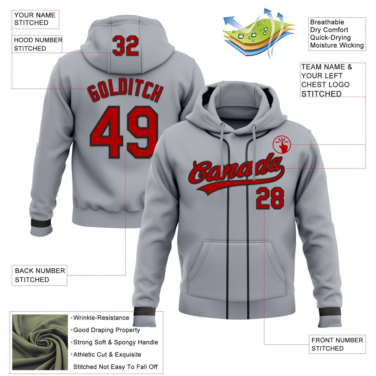 Custom Stitched Gray Red-Black Baseball Pullover Sweatshirt Hoodie view 2