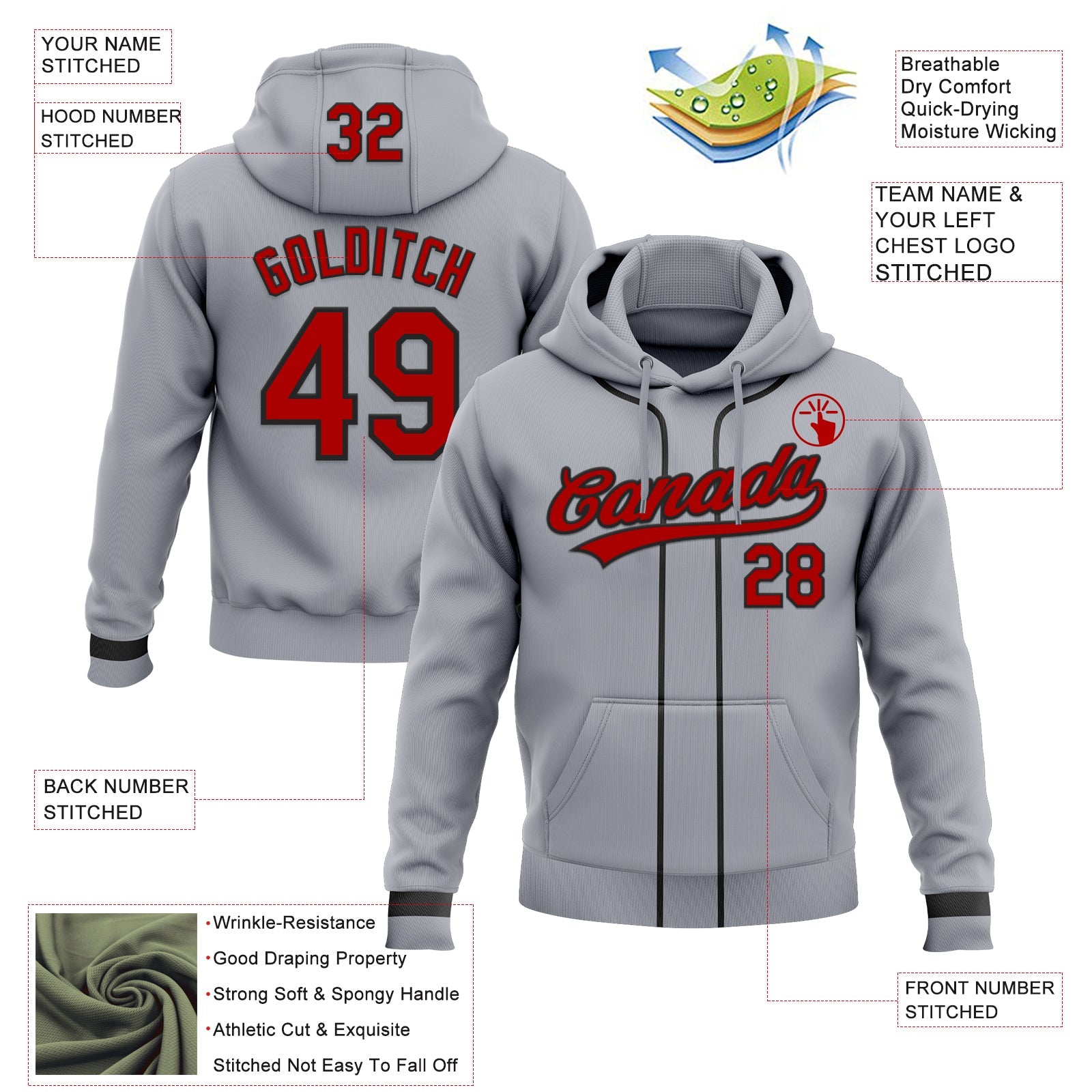 Custom Stitched Gray Red-Black Baseball Pullover Sweatshirt Hoodie view 2