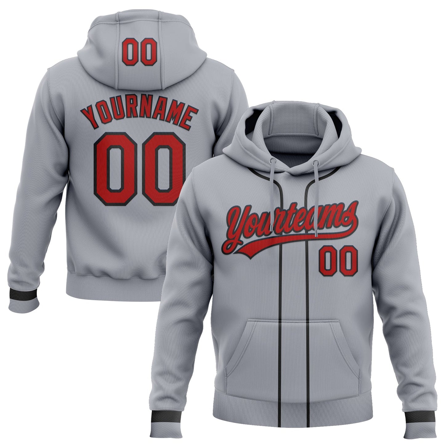 Custom Stitched Gray Red-Black Baseball Pullover Sweatshirt Hoodie - Main View