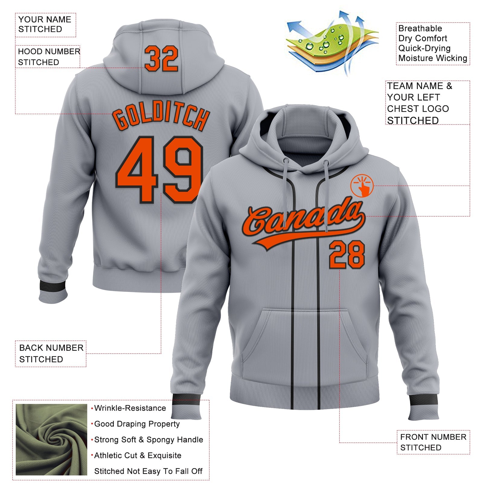 Custom Stitched Gray Orange-Black Baseball Pullover Sweatshirt Hoodie view 2