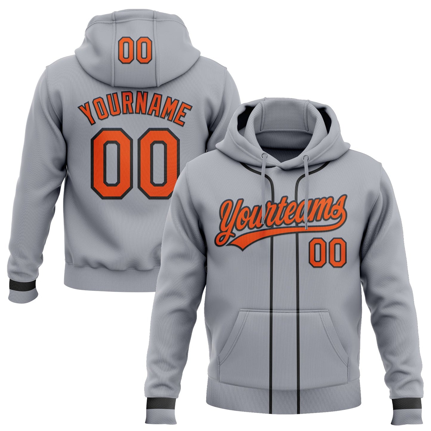 Custom Stitched Gray Orange-Black Baseball Pullover Sweatshirt Hoodie - Main View