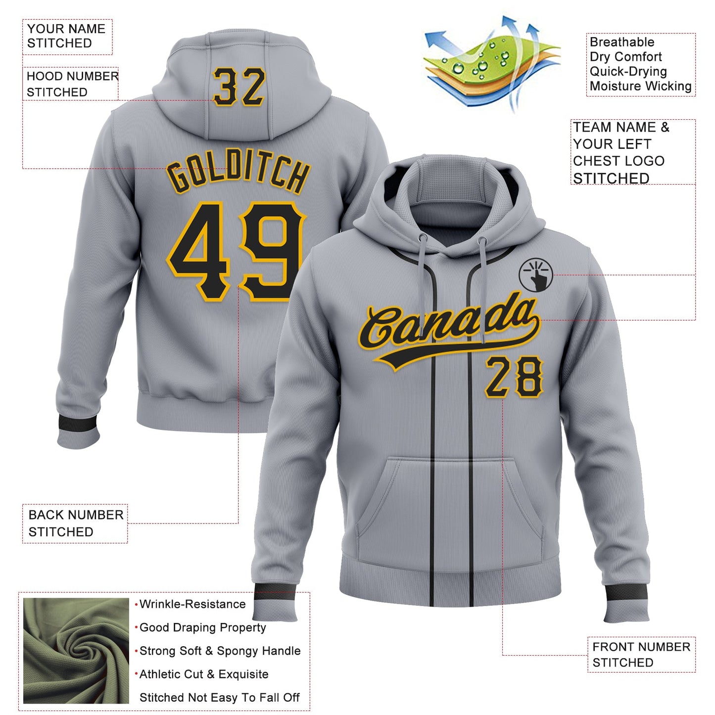 Custom Stitched Gray Black-Gold Baseball Pullover Sweatshirt Hoodie view 2