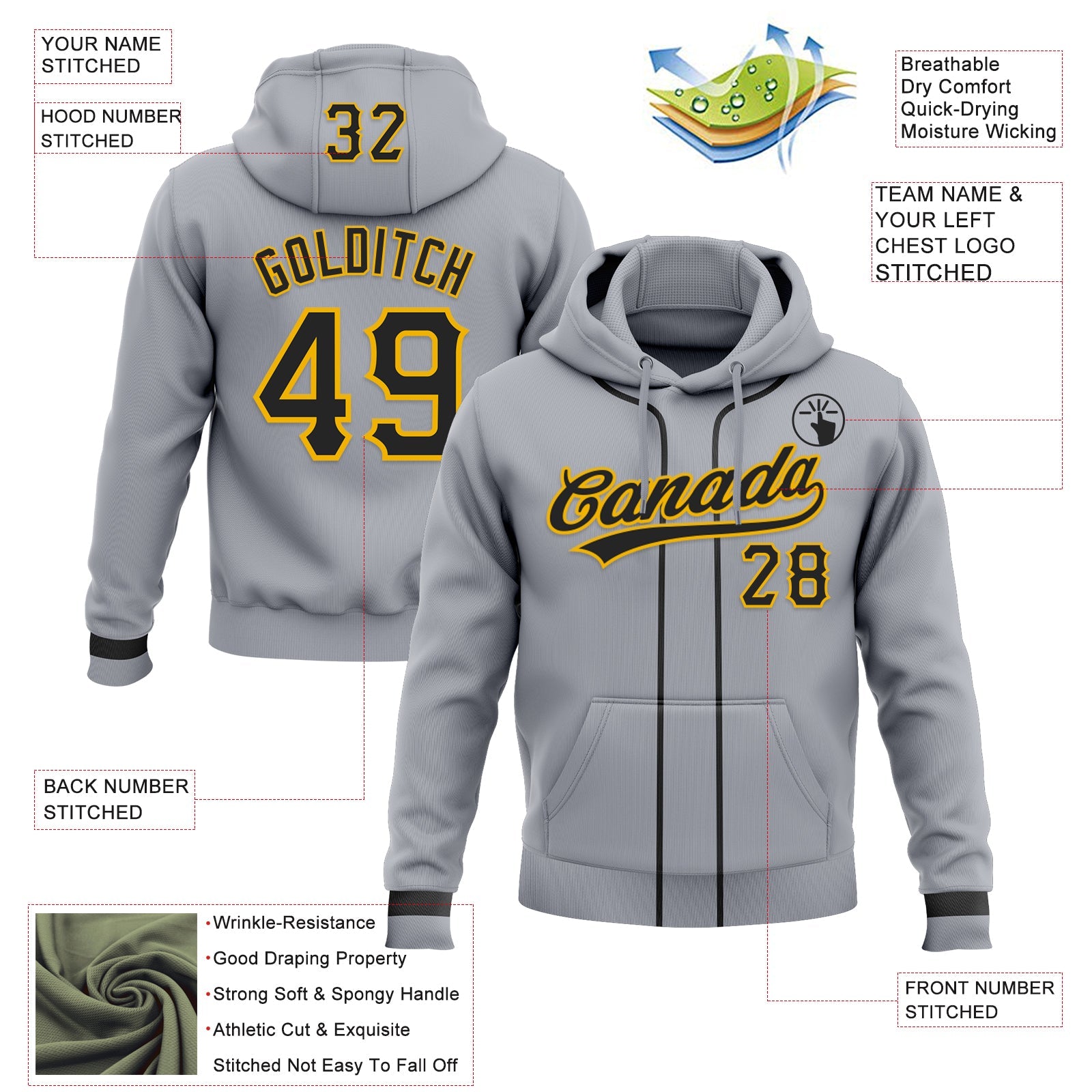 Custom Stitched Gray Black-Gold Baseball Pullover Sweatshirt Hoodie view 2