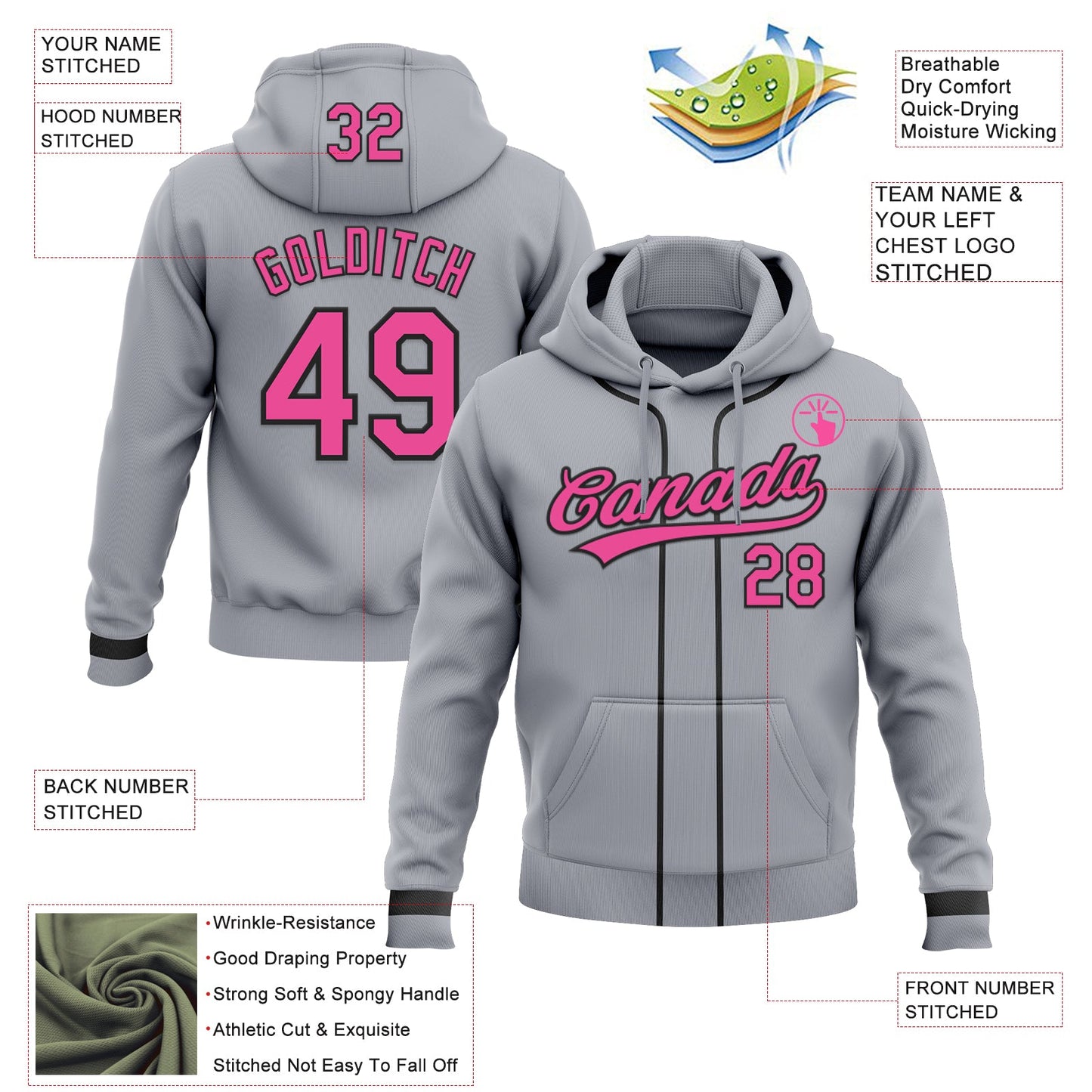 Custom Stitched Gray Pink-Black Baseball Pullover Sweatshirt Hoodie view 2