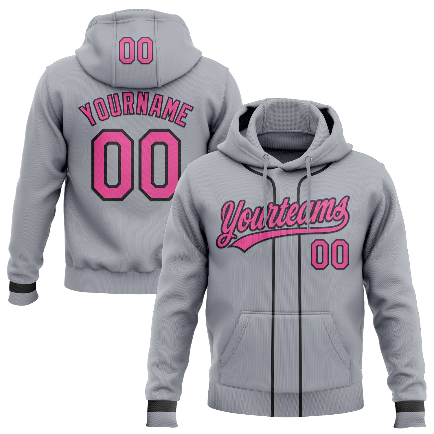 Custom Stitched Gray Pink-Black Baseball Pullover Sweatshirt Hoodie - Main View