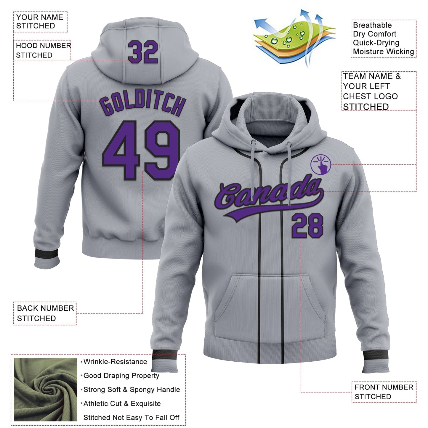 Custom Stitched Gray Purple-Black Baseball Pullover Sweatshirt Hoodie view 2
