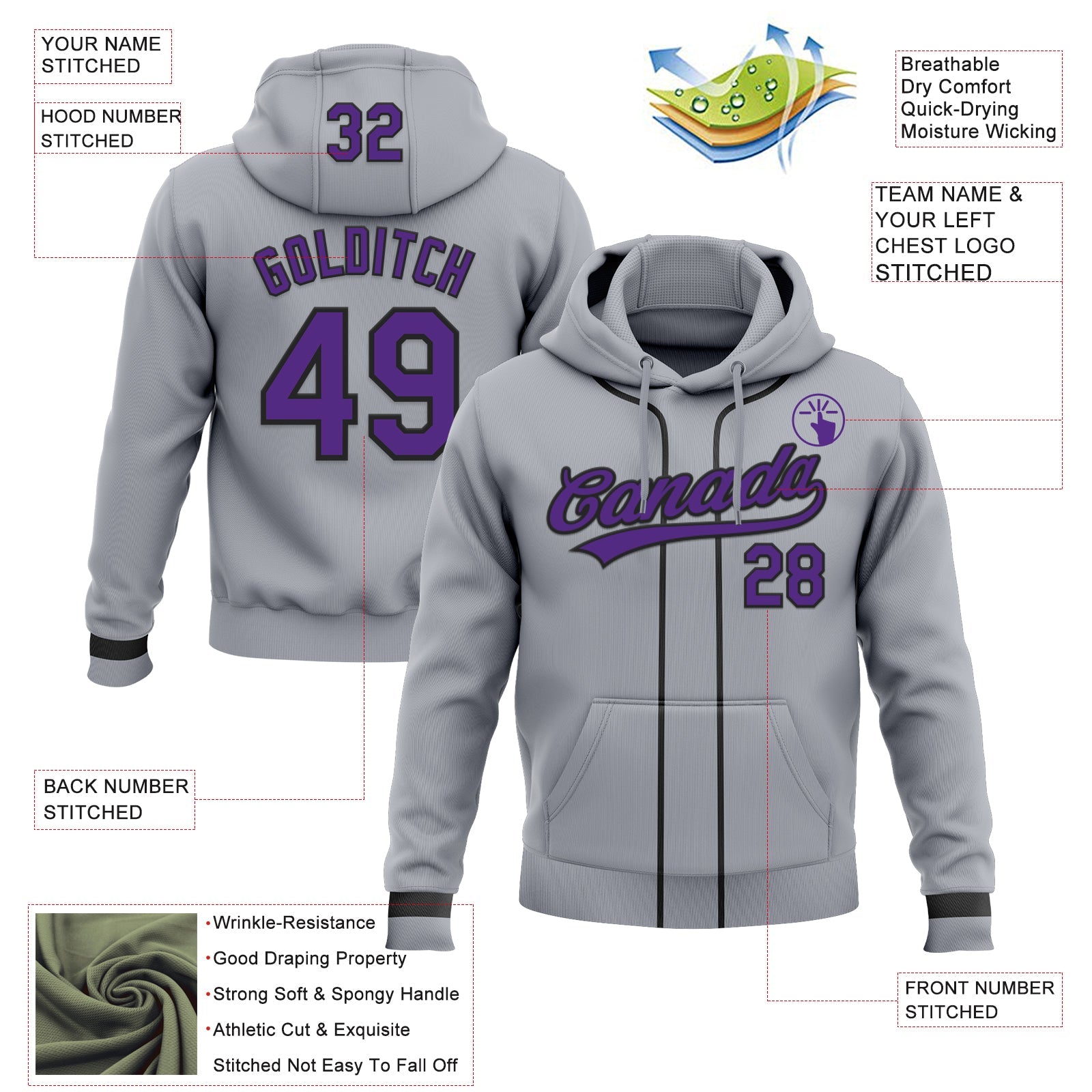 Custom Stitched Gray Purple-Black Baseball Pullover Sweatshirt Hoodie view 2