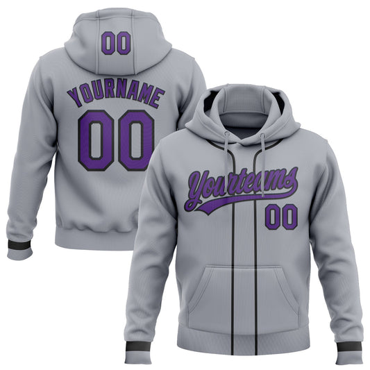 Custom Stitched Gray Purple-Black Baseball Pullover Sweatshirt Hoodie - Main View