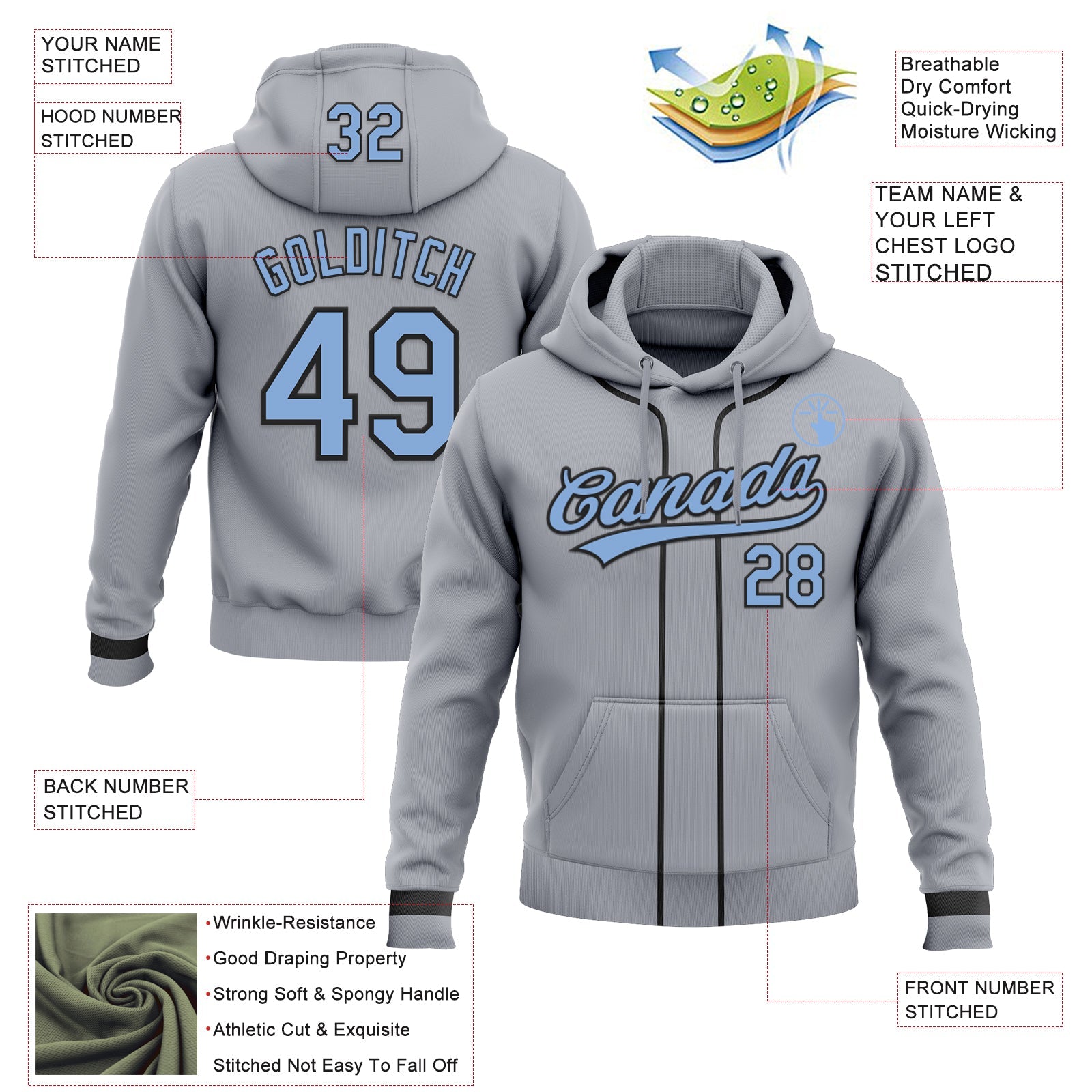 Custom Stitched Gray Light Blue-Black Baseball Pullover Sweatshirt Hoodie view 2