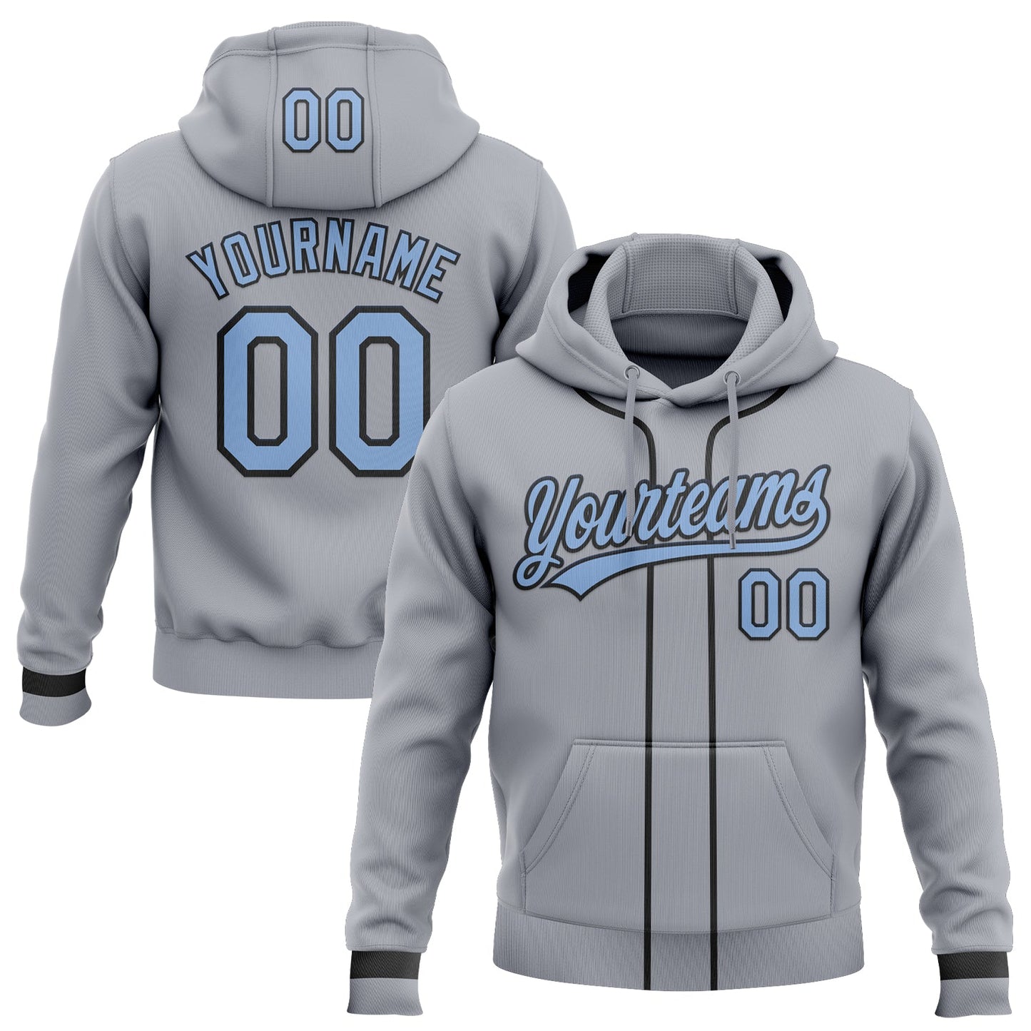 Custom Stitched Gray Light Blue-Black Baseball Pullover Sweatshirt Hoodie - Main View