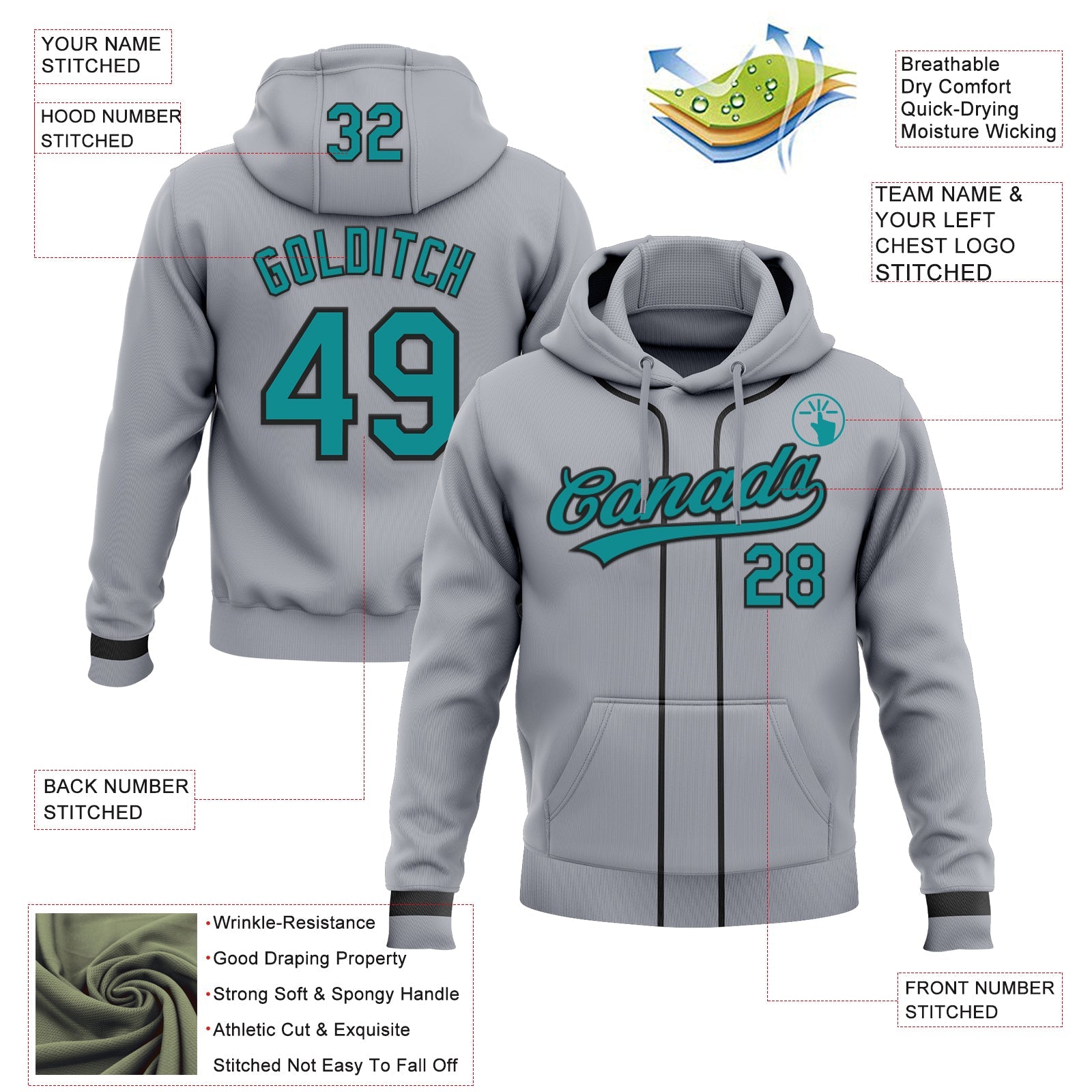 Custom Stitched Gray Teal-Black Baseball Pullover Sweatshirt Hoodie view 2
