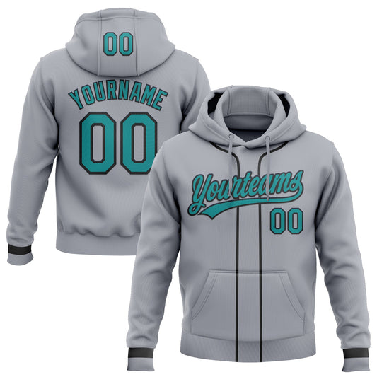 Custom Stitched Gray Teal-Black Baseball Pullover Sweatshirt Hoodie - Main View