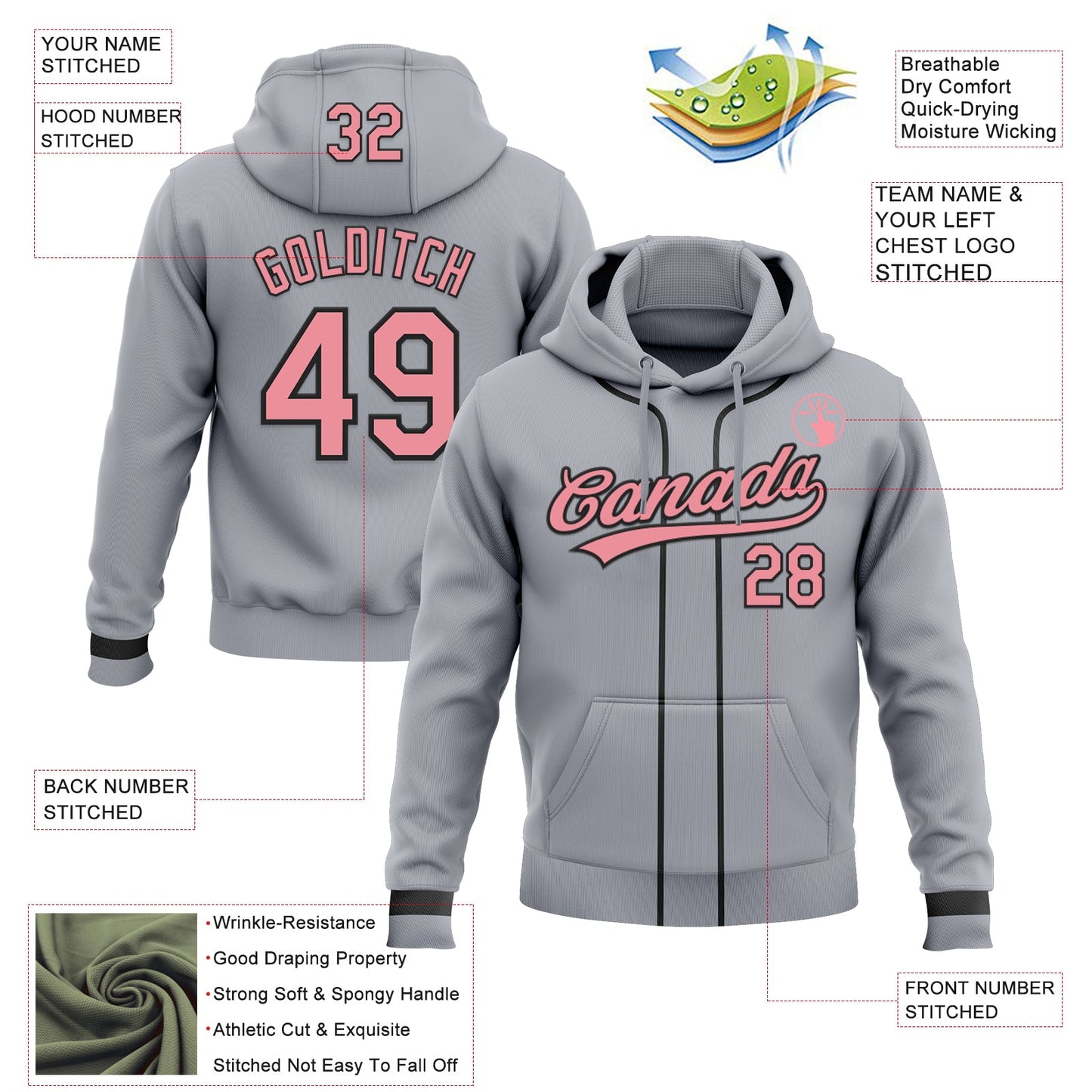 Custom Stitched Gray Medium Pink-Black Baseball Pullover Sweatshirt Hoodie view 2