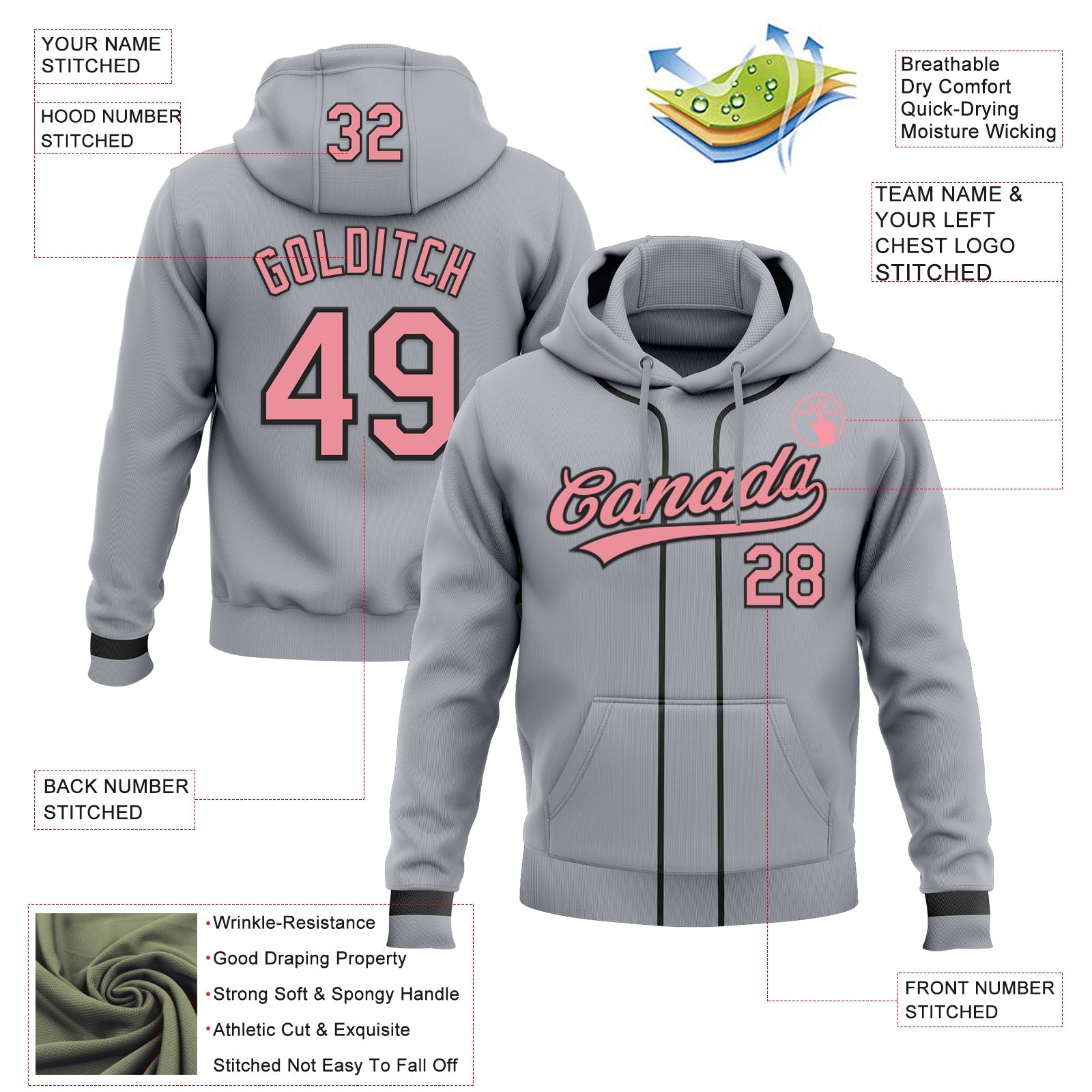 Custom Stitched Gray Medium Pink-Black Baseball Pullover Sweatshirt Hoodie view 2