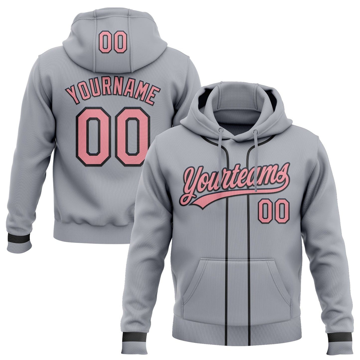 Custom Stitched Gray Medium Pink-Black Baseball Pullover Sweatshirt Hoodie - Main View