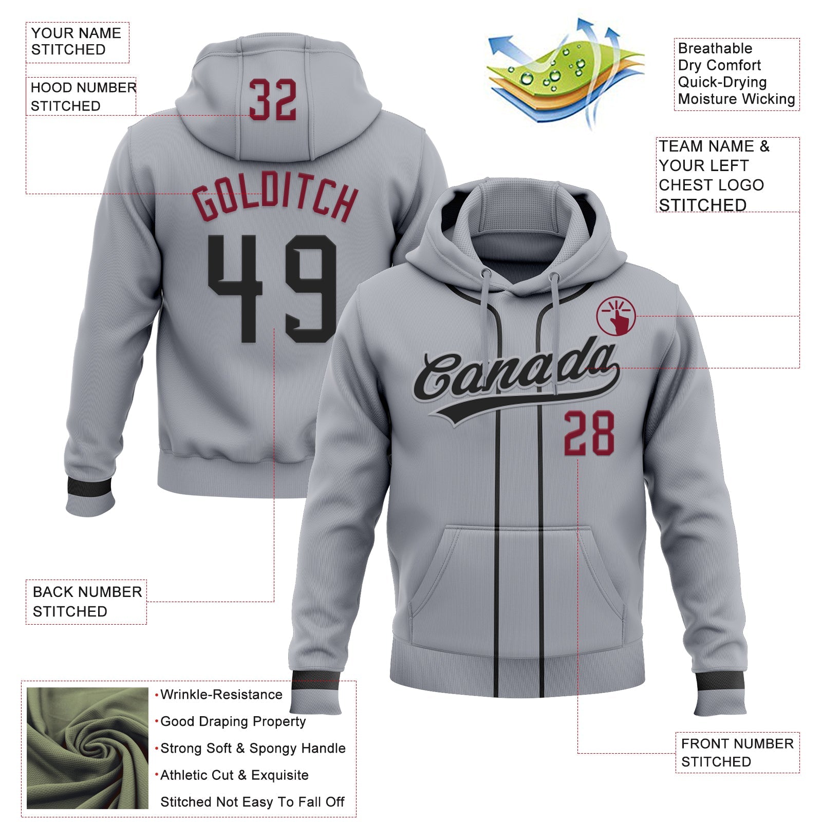 Custom Stitched Gray Black-Crimson Baseball Pullover Sweatshirt Hoodie view 2