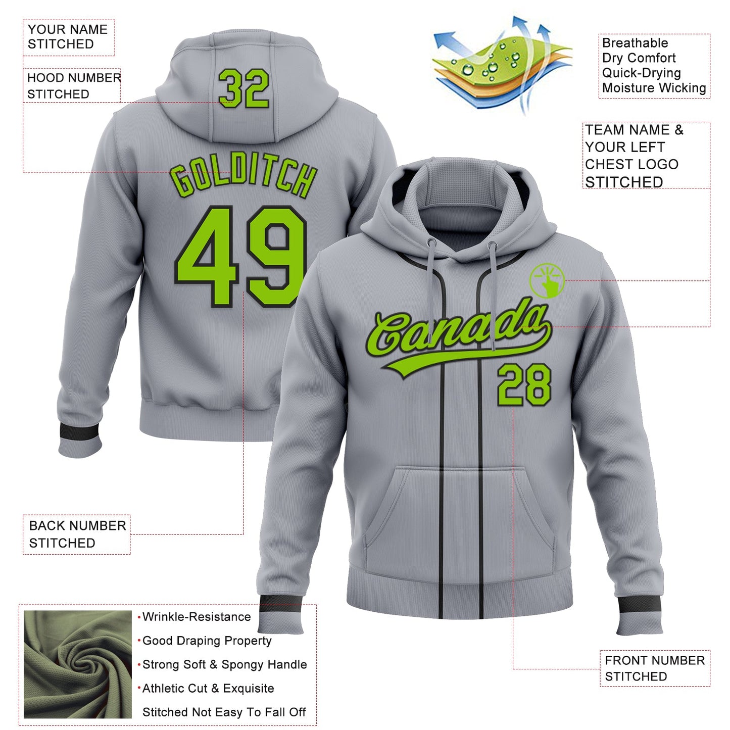 Custom Stitched Gray Neon Green-Black Baseball Pullover Sweatshirt Hoodie view 2