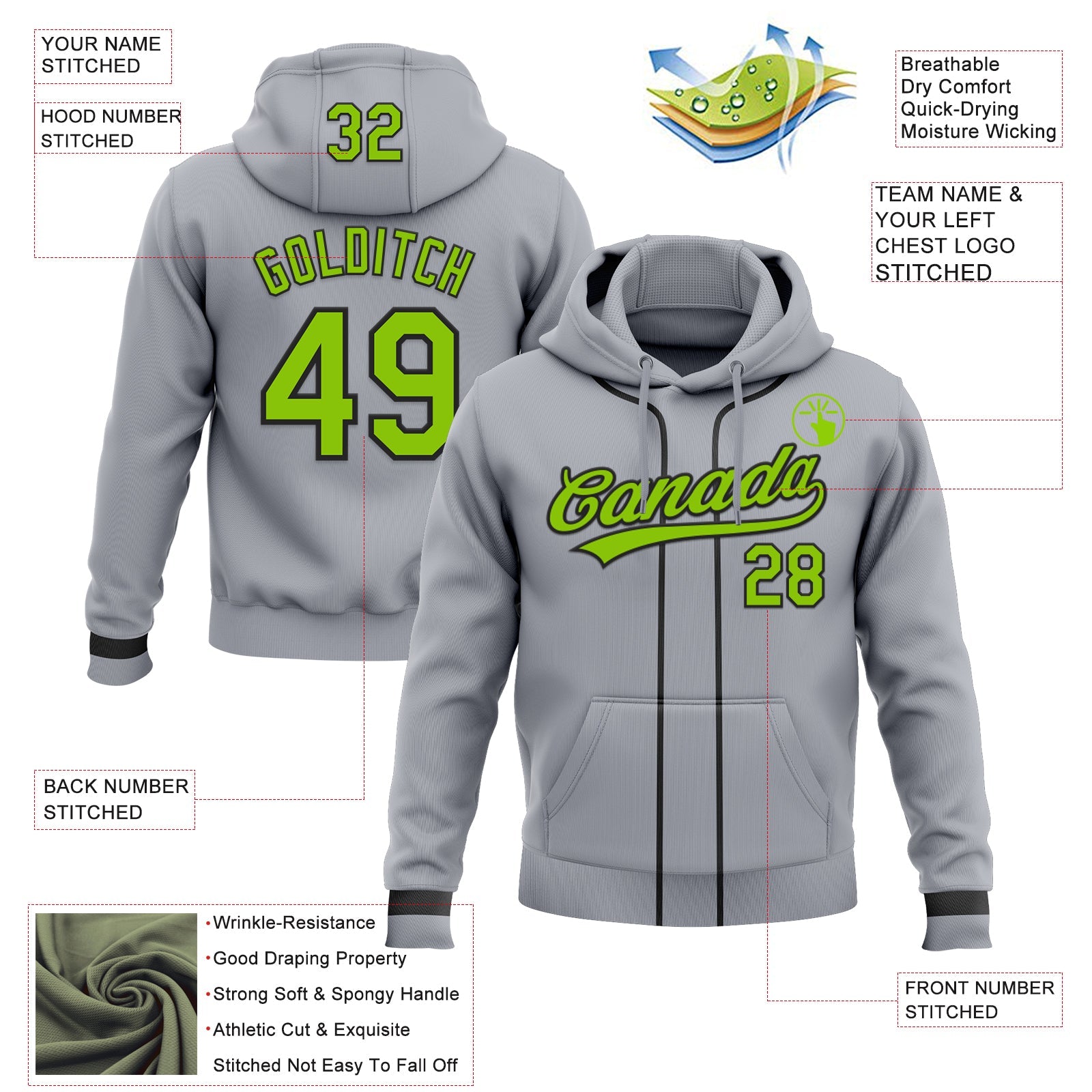 Custom Stitched Gray Neon Green-Black Baseball Pullover Sweatshirt Hoodie view 2