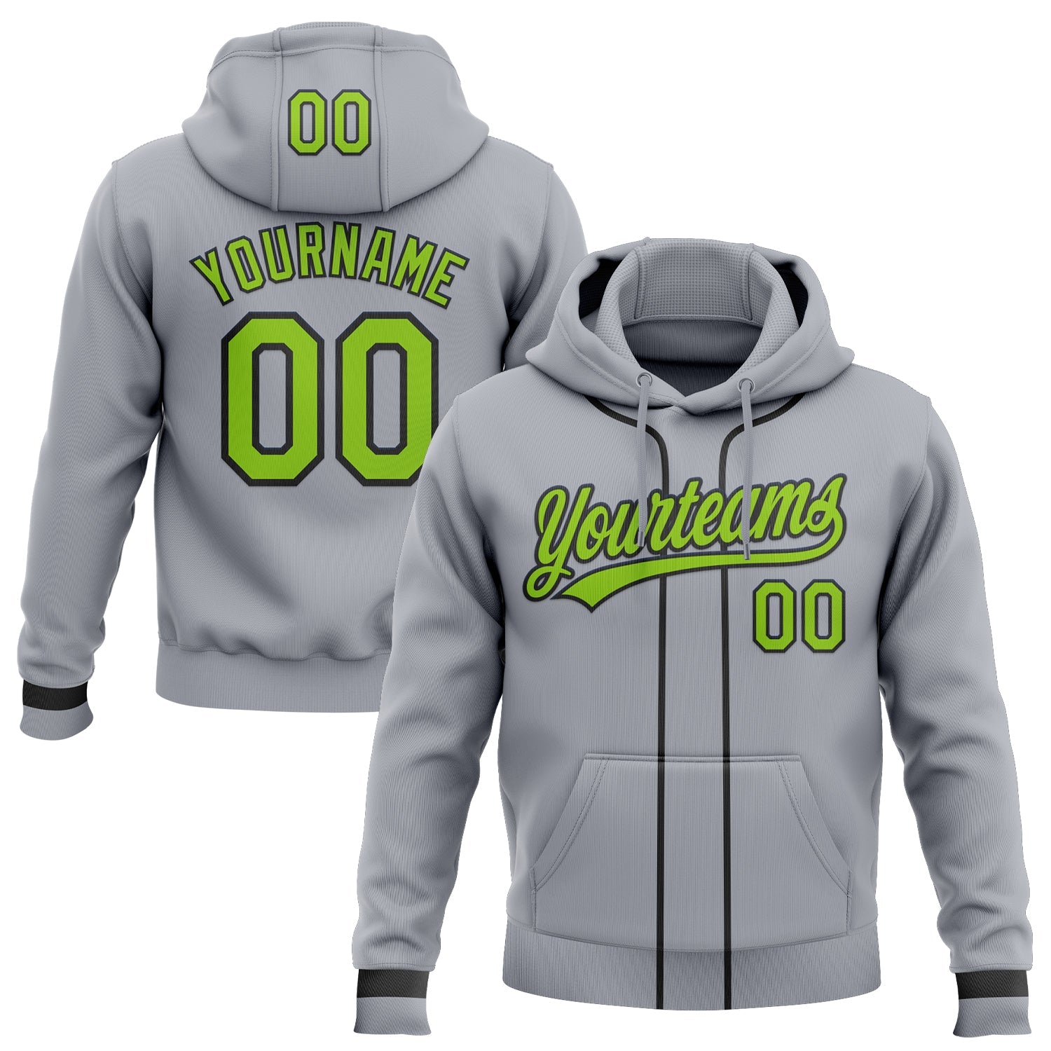 Custom Stitched Gray Neon Green-Black Baseball Pullover Sweatshirt Hoodie - Main View