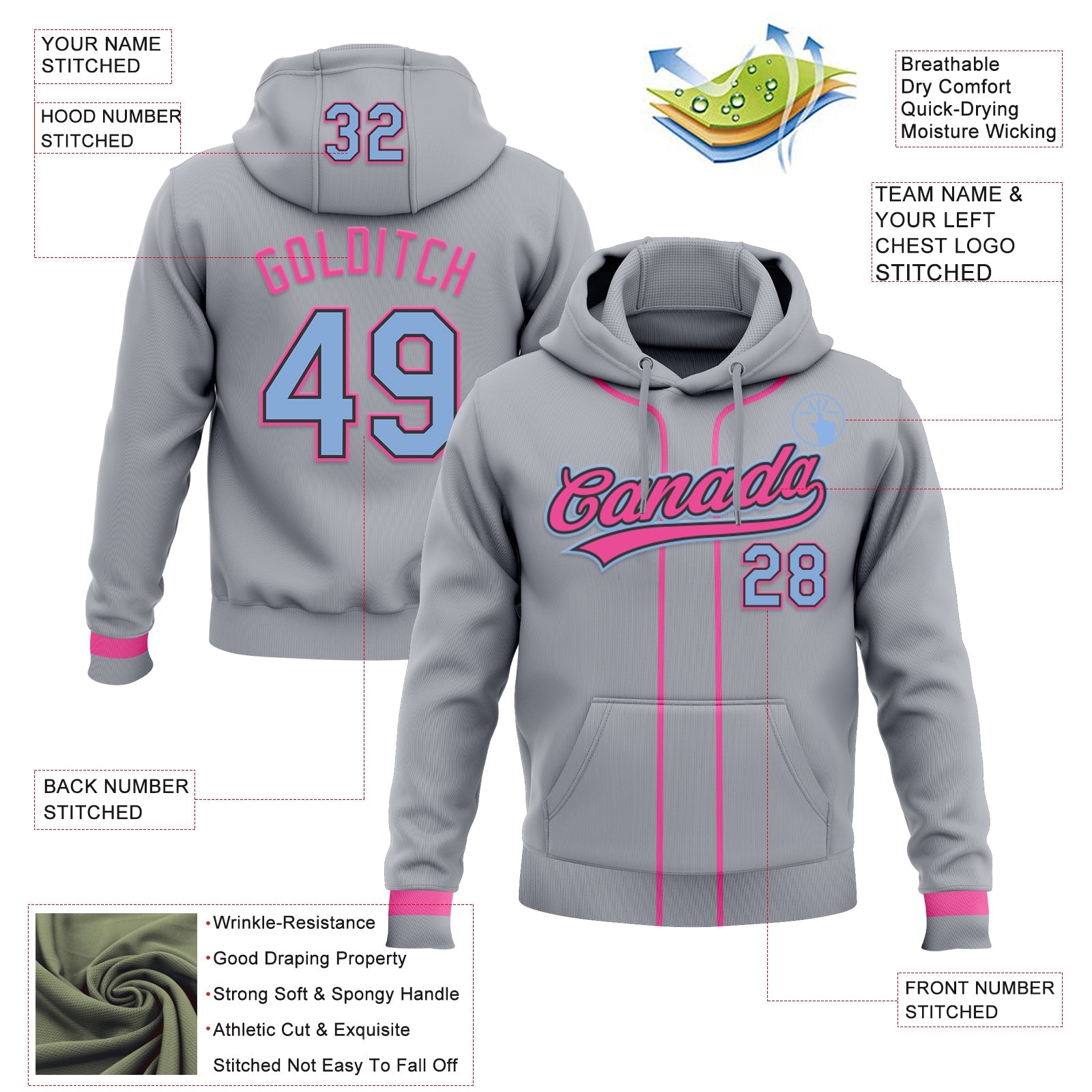 Custom Stitched Gray Light Blue Pink-Black Baseball Pullover Sweatshirt Hoodie view 2