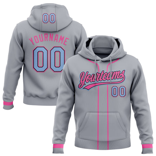 Custom Stitched Gray Light Blue Pink-Black Baseball Pullover Sweatshirt Hoodie - Main View