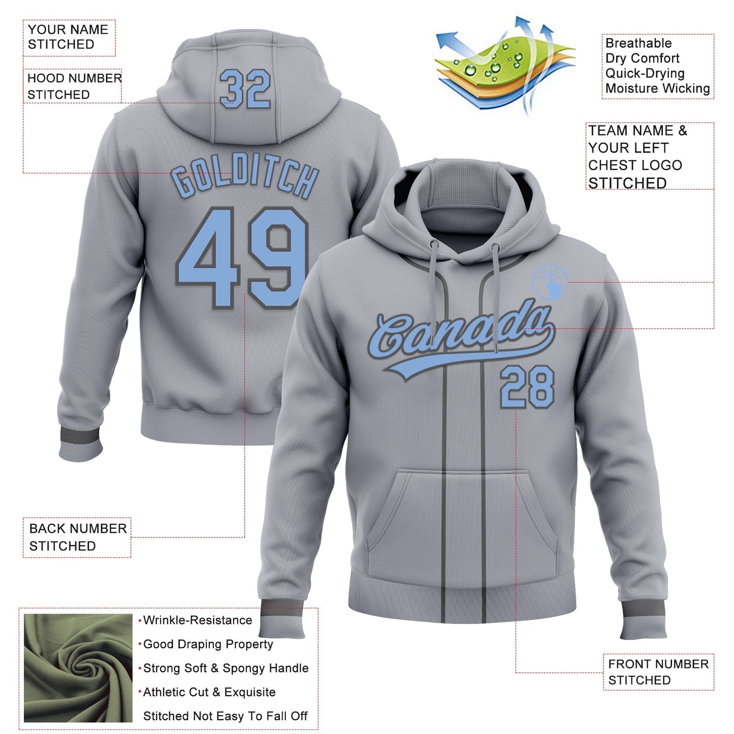 Custom Stitched Gray Light Blue-Steel Gray Baseball Pullover Sweatshirt Hoodie view 2