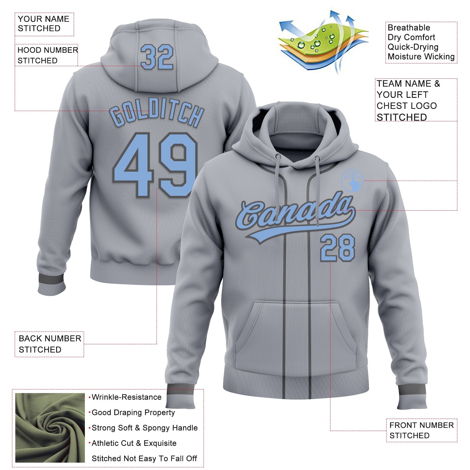 Custom Stitched Gray Light Blue-Steel Gray Baseball Pullover Sweatshirt Hoodie view 2