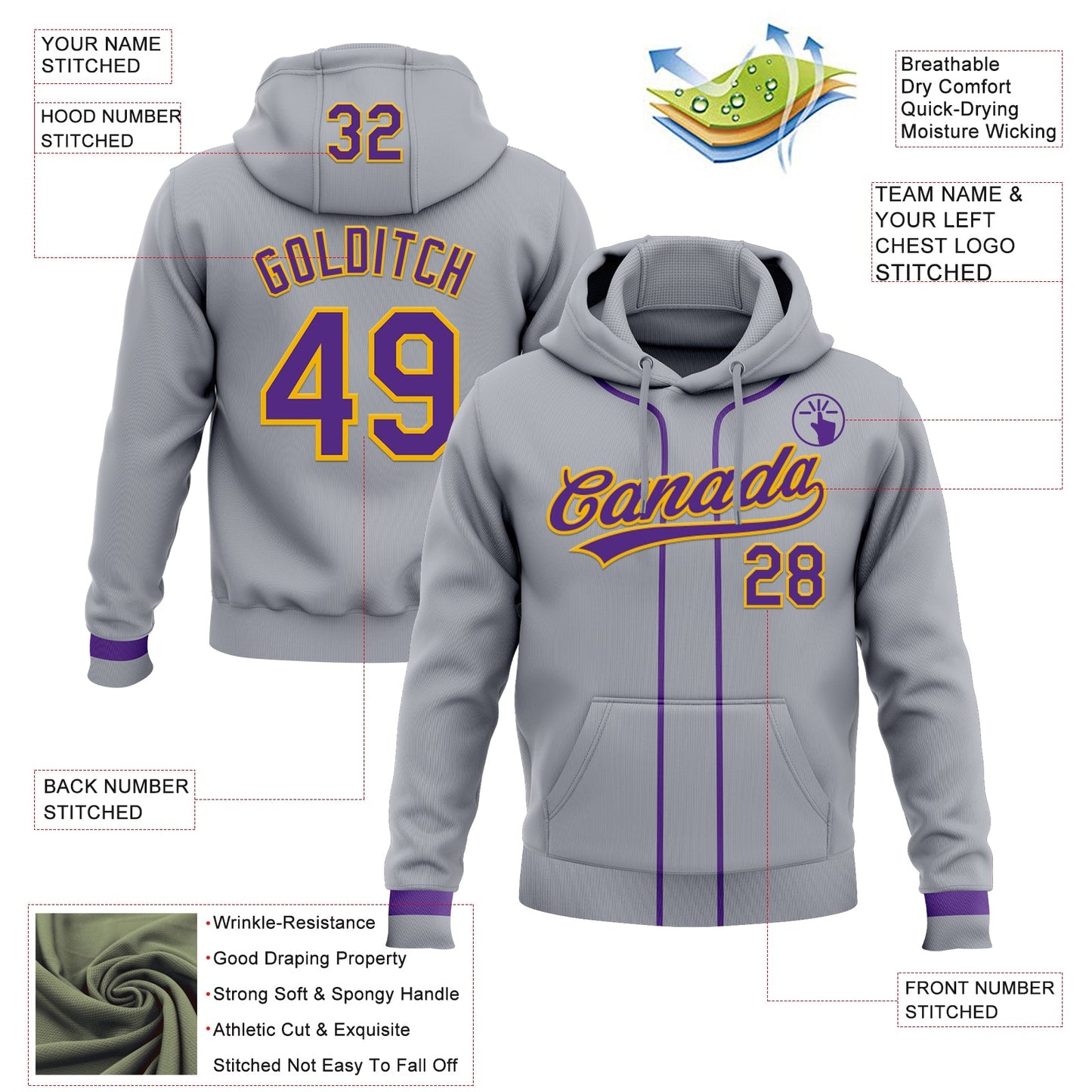 Custom Stitched Gray Purple-Gold Baseball Pullover Sweatshirt Hoodie view 2