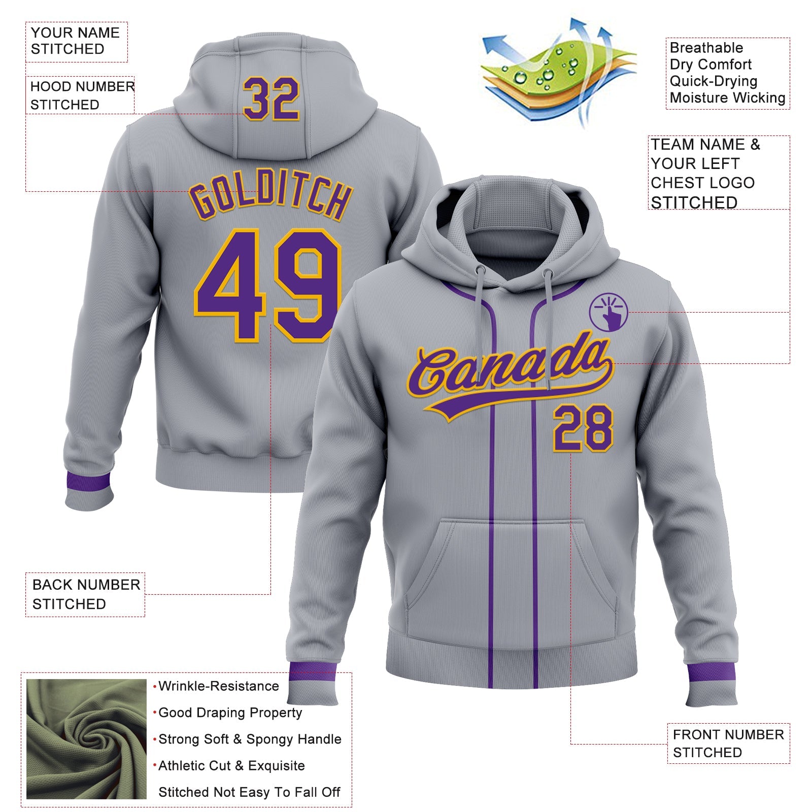 Custom Stitched Gray Purple-Gold Baseball Pullover Sweatshirt Hoodie view 2